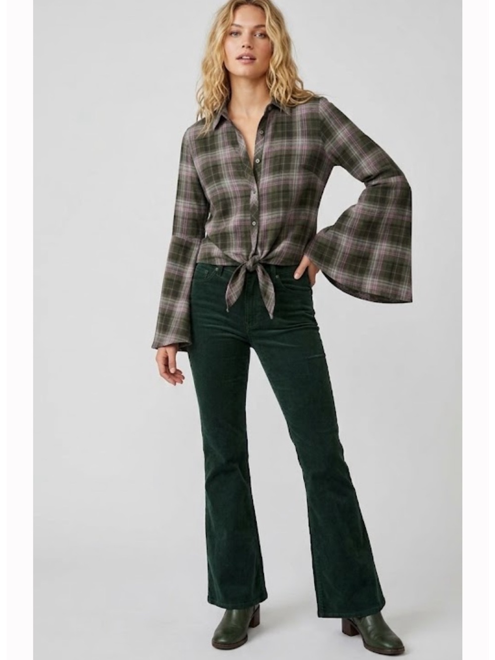 NWT Altar'd State Bell Sleeve Plaid Button Down Shirt - Brown and Pink